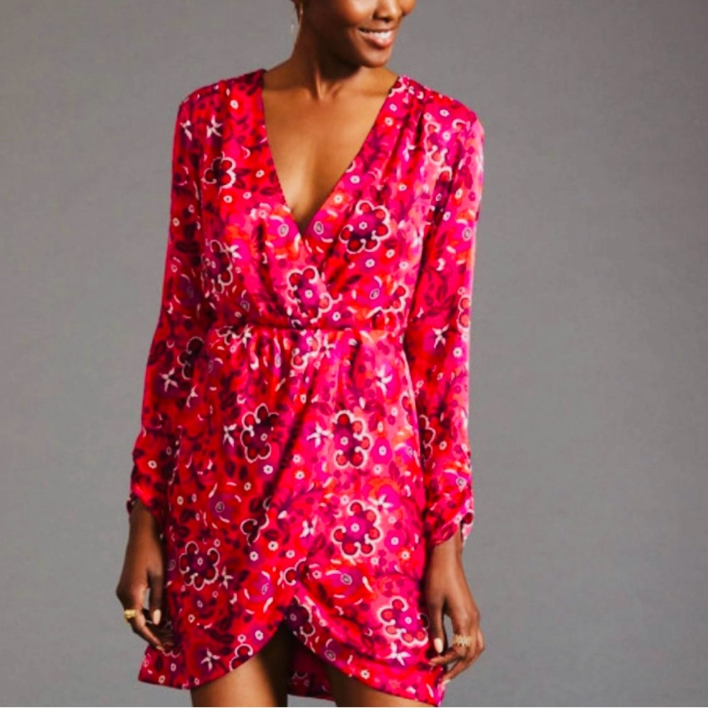 Anthropologie Pink Wrap Dress with Ruffled Bishop Sleeves